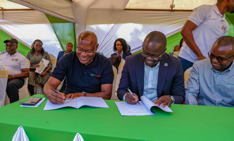 Safaricom Foundation launches a KES 120M Wezesha Agri program in Busia to empower 5,000 youth through agribusiness and ecopreneurship. Safaricom Foundation Chairman Joseph Ogutu and Lake Basin Development Authority Managing Director Wycliffe Ochianga sign an MOU establishing the Wezesha Agri Project. Looking on is Henry Kilonzo (right), Senior Manager of Programmes, Safaricom and M-Pesa Foundations